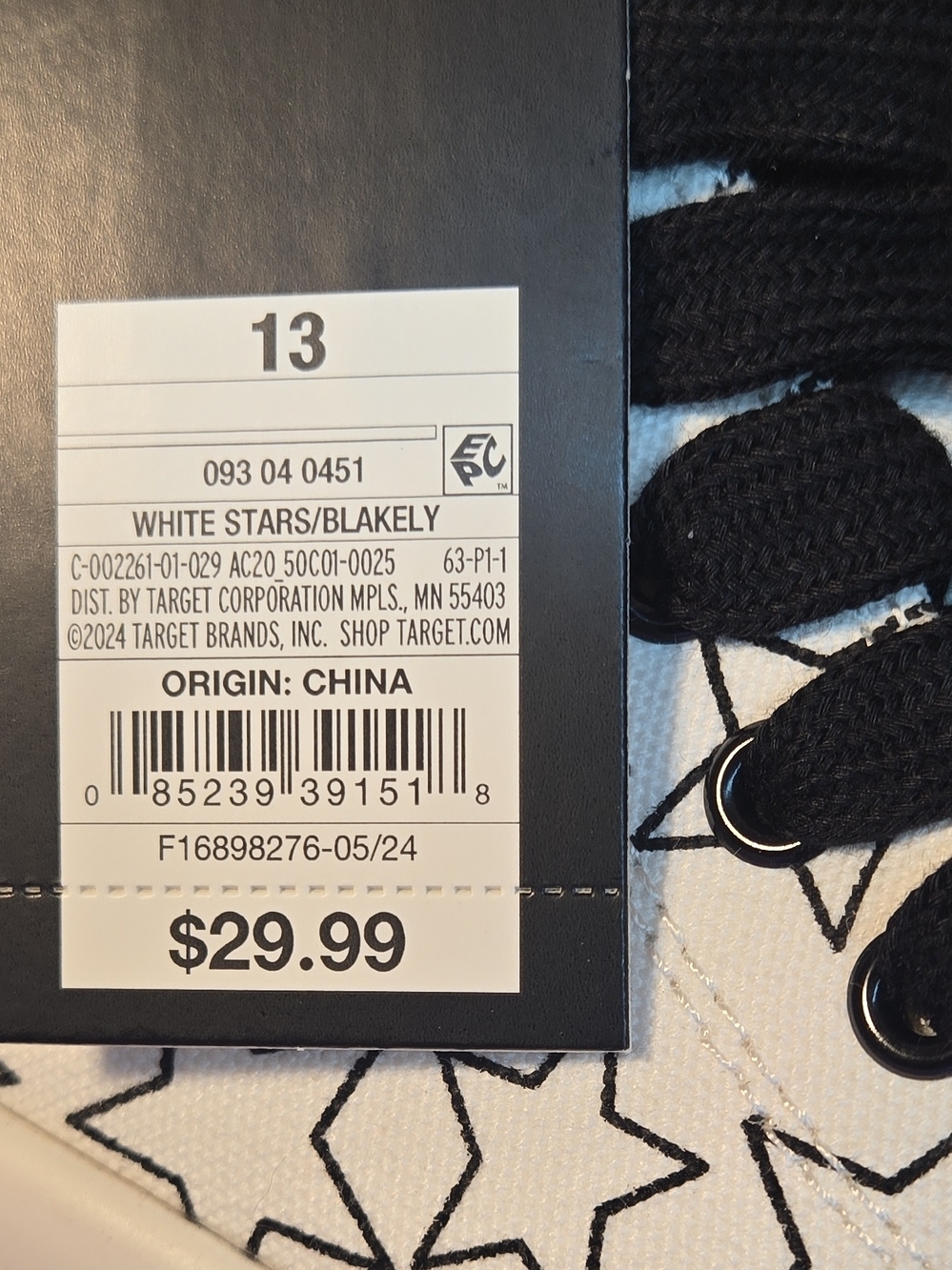 Art Class Kids' White Star High-Top Sneakers with Black Laces - Size 13 - Picture 5 of 10